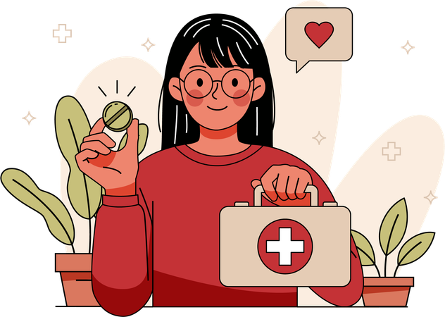 Mujer sosteniendo una caja de medicinas  Ilustración