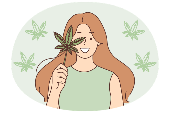 Mujer sosteniendo una hoja de cannabis recomendando la legalización del uso de marihuana con fines médicos.  Illustration