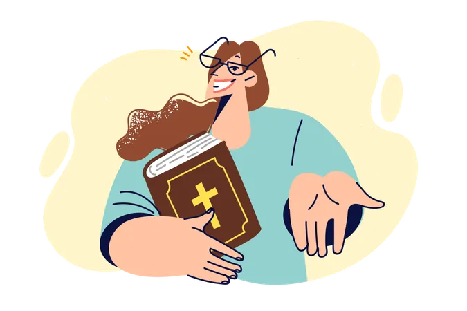 Mujer sostiene la Biblia e invita a la iglesia  Ilustración