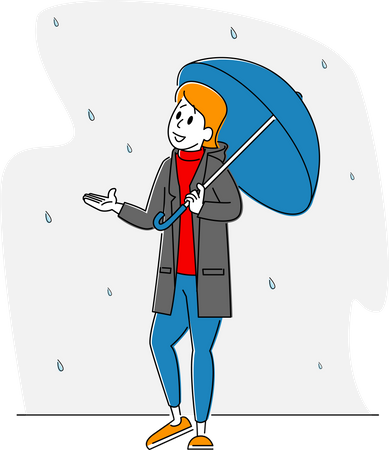 Mujer sostiene paraguas atrapando gotas de lluvia cayendo del cielo  Ilustración