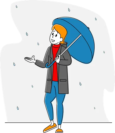 Mujer sostiene paraguas atrapando gotas de lluvia cayendo del cielo  Ilustración