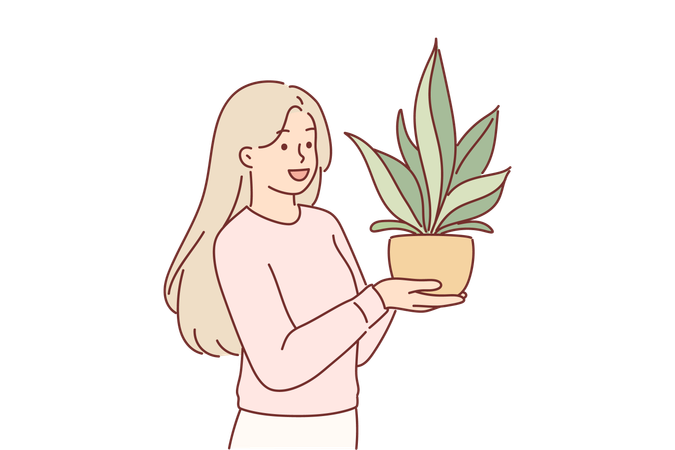 Mujer sostiene planta de interior en maceta  Ilustración