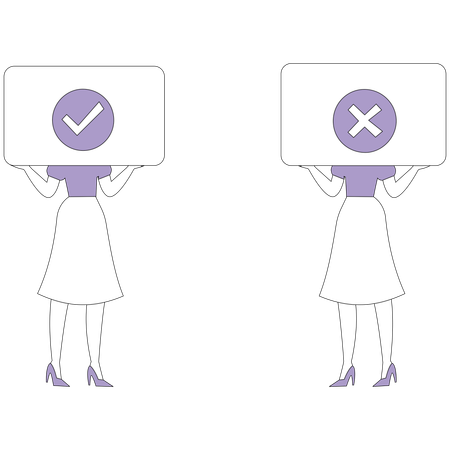 Mujer sostiene una marca de verificación y una cruz  Ilustración
