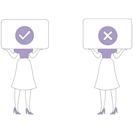 Mujer sostiene una marca de verificación y una cruz  Ilustración