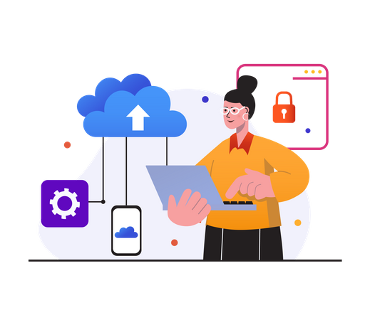 Mujer cargando datos a la nube  Ilustración