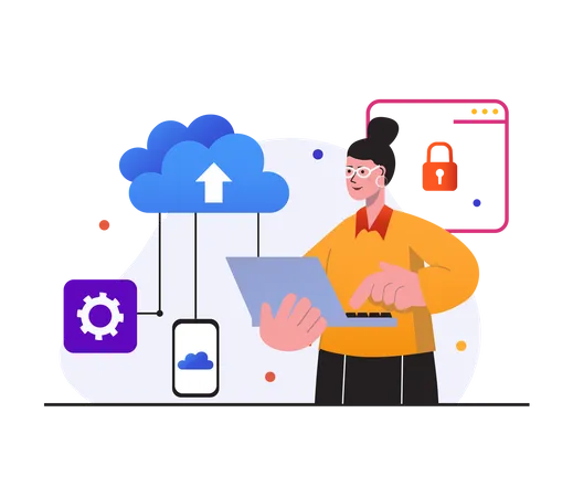 Mujer cargando datos a la nube  Ilustración