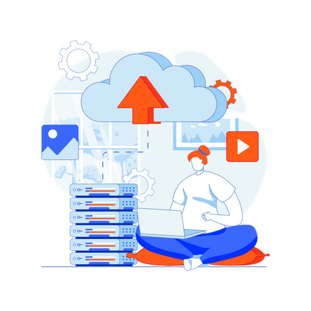Mujer cargando datos privados al servidor de almacenamiento en la nube  Ilustración
