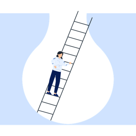 Mujer subiendo una escalera con forma de bombilla  Ilustración
