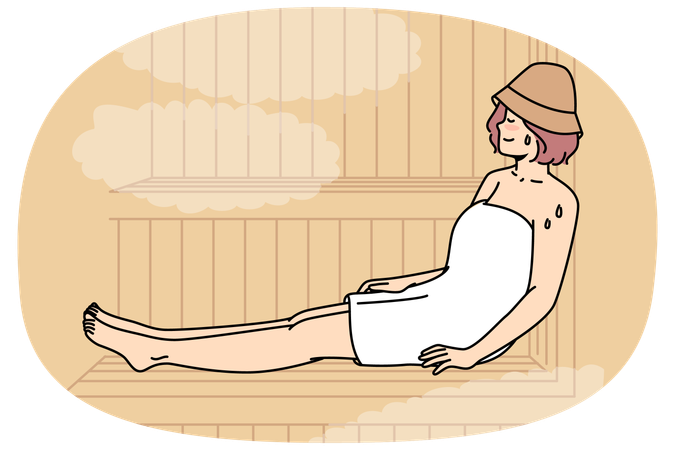 Mujer sudando en un banco de sauna  Ilustración