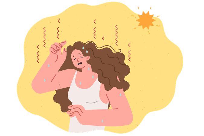 Una mujer sudorosa sufre un calor insoportable y un clima de verano que le provoca agotamiento e insolación.  Ilustración