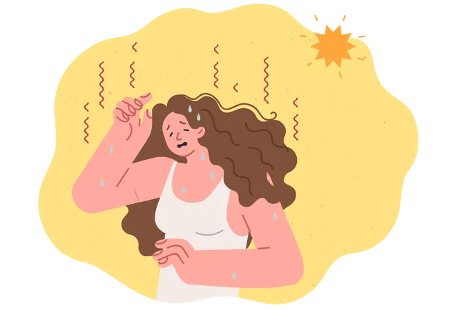 Una mujer sudorosa sufre un calor insoportable y un clima de verano que le provoca agotamiento e insolación.  Ilustración