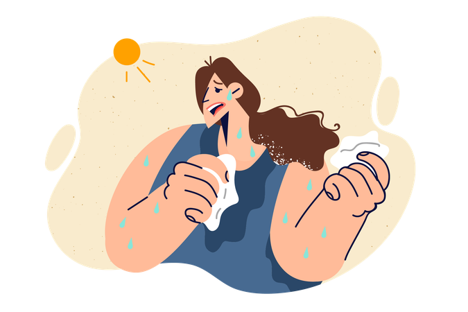 Mujer sufre de calor que le provoca agotamiento e insolación, provocándole sudoración debido al sol brillante  Ilustración