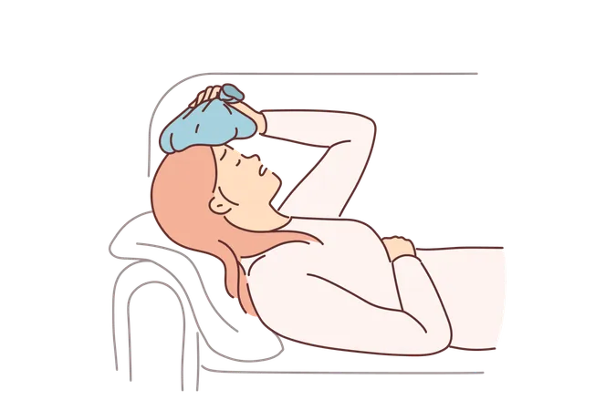 Mujer sufre de resaca y se pone una bolsa de hielo en la cabeza para aliviar el dolor de cabeza después de una fiesta con alcohol  Ilustración