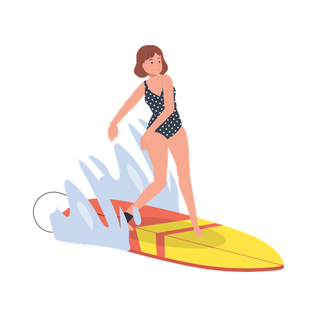 Mujer surfeando con tabla de surf  Ilustración