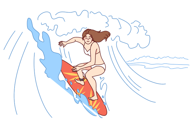 Mujer surfeando en el mar  Ilustración