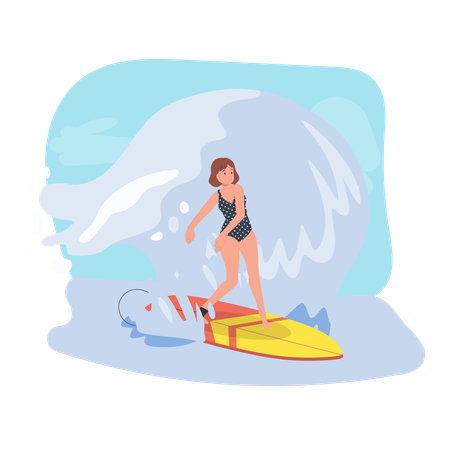 Mujer surfeando con tabla de surf en Big Wave  Ilustración