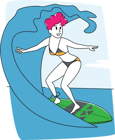 Surf femenino en las olas del mar  Ilustración