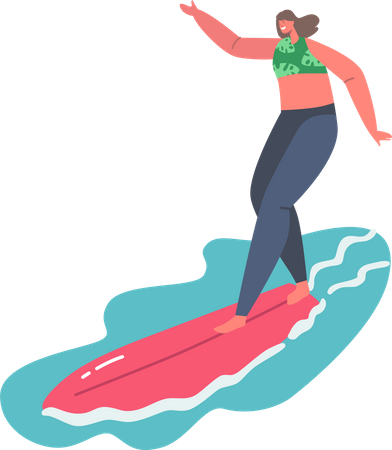 Mujer surfeando sobre las olas  Ilustración