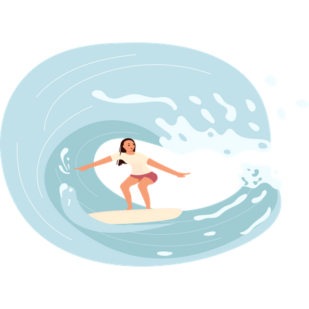 Surfista femenina monta la ola de cañón  Ilustración