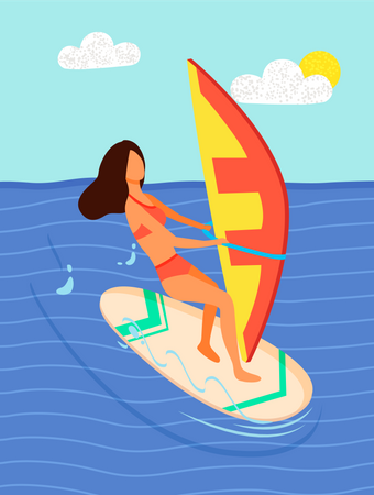 Mujer surfista montando a bordo con lona  Ilustración