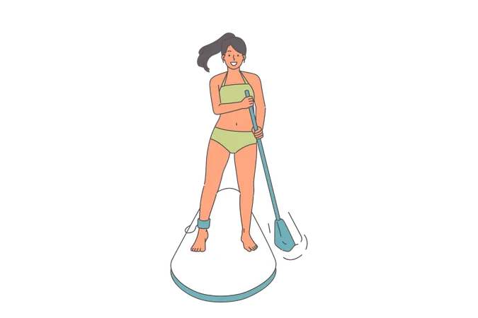 Una surfista usa una tabla de SUP para flotar río abajo y rema para ajustar la dirección  Ilustración