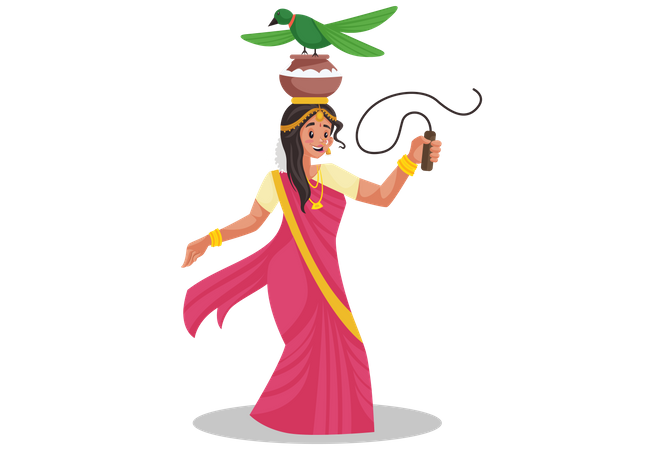 Mujer tamil haciendo danza folclórica en el festival Pongal  Ilustración