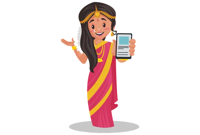 Mujer tamil mostrando móvil  Ilustración
