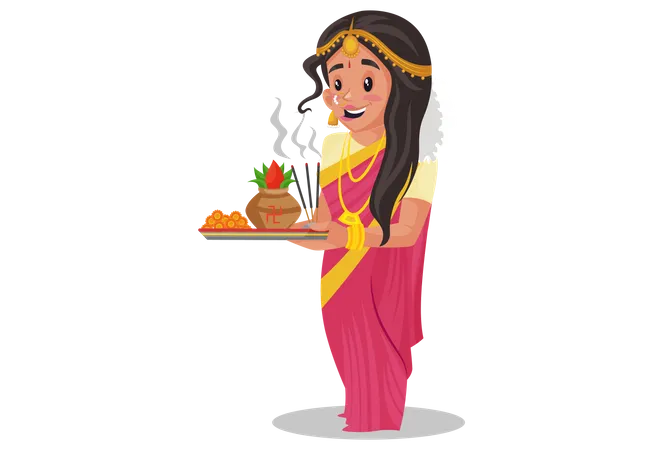 Mujer tamil sosteniendo plato de adoración  Ilustración