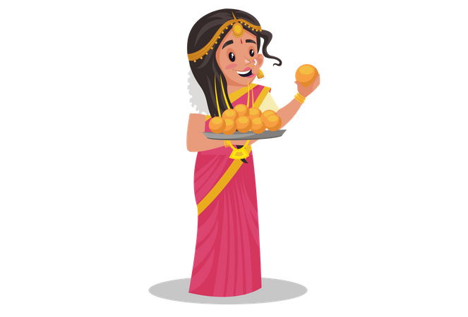 Mujer tamil sosteniendo un plato de laddoo en la mano  Ilustración