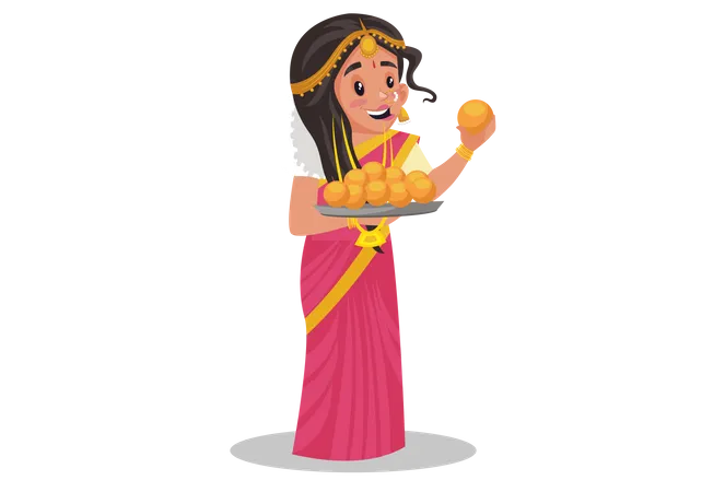 Mujer tamil sosteniendo un plato de laddoo en la mano  Ilustración