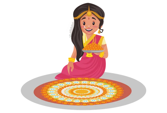 Mujer tamil sentada cerca de rangoli y sosteniendo un plato de laddoo  Ilustración