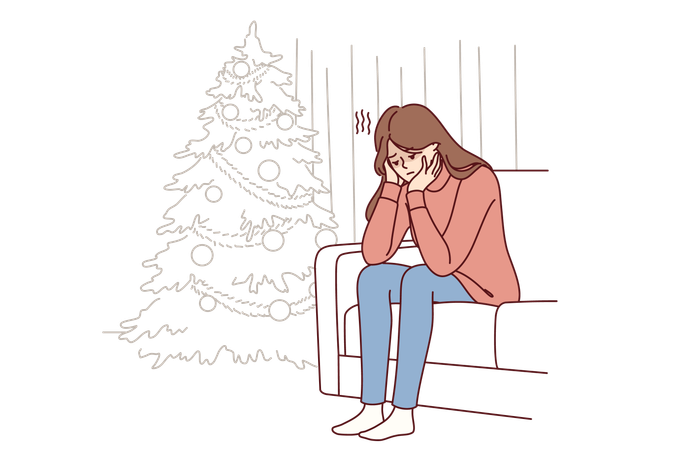 La mujer tensa está sentada en el sofá cerca del árbol de Navidad  Ilustración