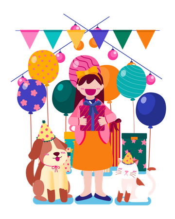 Mujer tiene fiesta de cumpleaños en casa  Ilustración