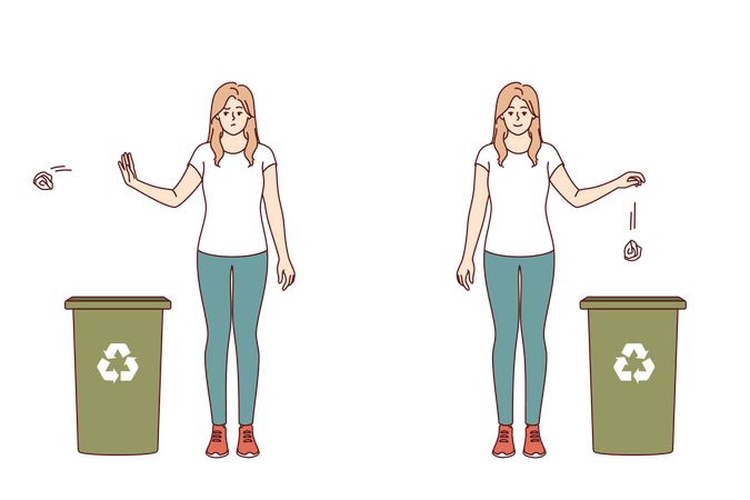 Una mujer arroja basura en un contenedor de reciclaje de papel, demostrando la forma correcta de desechar los residuos.  Ilustración