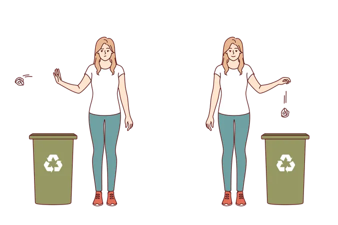 Una mujer arroja basura en un contenedor de reciclaje de papel, demostrando la forma correcta de desechar los residuos.  Ilustración
