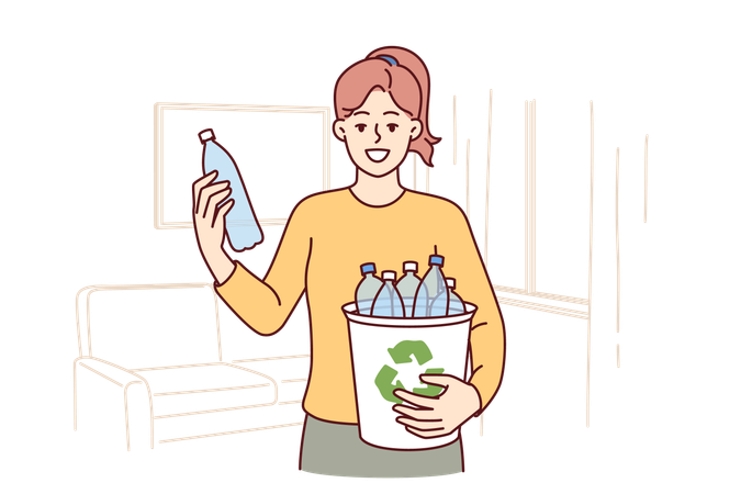 Mujer tira botellas de plástico al contenedor de reciclaje  Ilustración