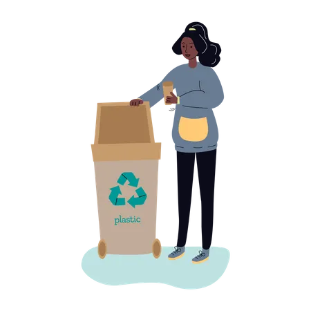 Mujer tirando basura en la papelera de reciclaje  Ilustración