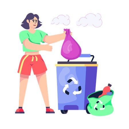 Mujer tirando basura en un bote de reciclaje  Ilustración