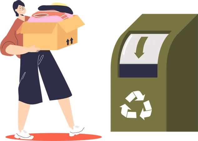 Mujer tirando ropa en un contenedor de reciclaje  Ilustración