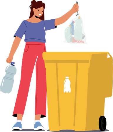 Mujer tira basura en la papelera con cartel de botella  Ilustración
