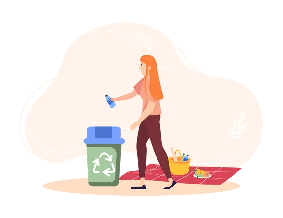 Mujer tira basura al basurero  Ilustración