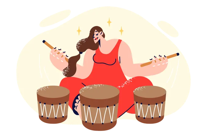 Mujer toca tambores africanos tradicionales disfrutando de música rítmica que induce al estado meditativo  Ilustración