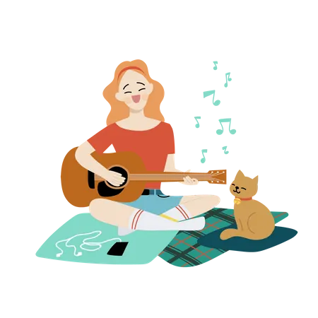 Mujer tocando la guitarra en casa  Ilustración
