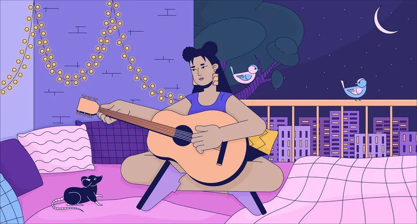 Mujer tocando la guitarra en el balcón por la noche  Ilustración