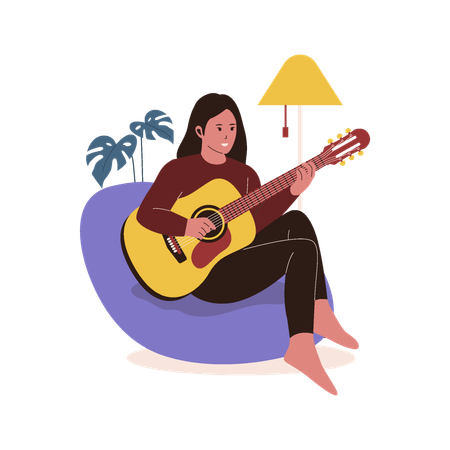 Mujer tocando la guitarra en el sofá  Ilustración