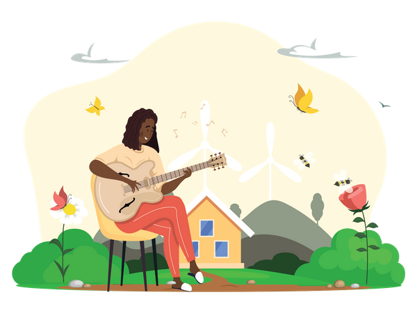 Mujer tocando la guitarra y celebrando el día de la tierra.  Ilustración