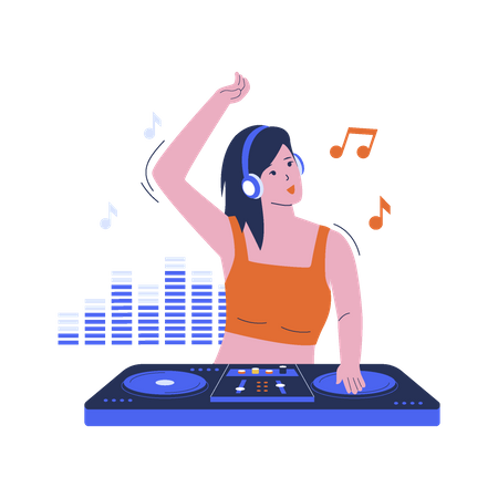 Mujer tocando música de dj  Ilustración