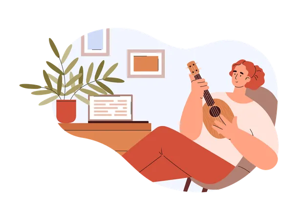 Mujer tocando la guitarra ukelele hawaiana  Ilustración