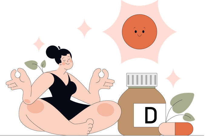 Mujer toma pastillas de vitamina D  Ilustración