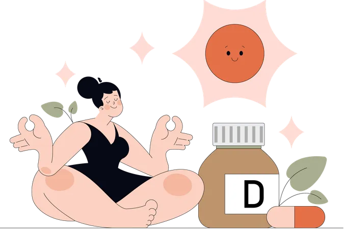 Mujer toma pastillas de vitamina D  Ilustración